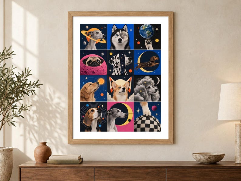 Puede incluir: Una impresi&oacute;n de arte mural enmarcada que presenta una cuadr&iacute;cula de doce ilustraciones cuadradas de varias razas de perros integradas con elementos celestiales y espaciales como planetas, estrellas, lunas y constelaciones sobre fondos coloridos.