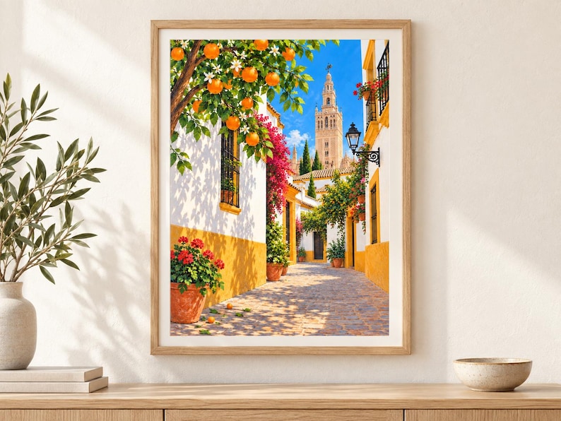 May include: A framed wall art print depicting a sunlit Mediterranean street scene with white buildings featuring yellow trim, vibrant pink bougainvillea, potted red geraniums, and an orange tree with ripe fruit under a bright blue sky.