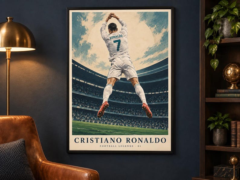 May include: A framed poster featuring a soccer player in a white jersey with the name RONALDO and number 7 on the back, jumping in a stadium. The text CRISTIANO RONALDO and FOOTBALL LEGENDS 01 is printed at the bottom of the illustration.