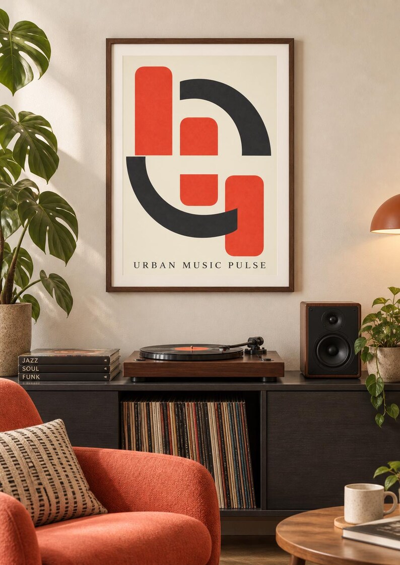 May include: A framed wall art print featuring a cream background with bold red and black geometric shapes and the text URBAN MUSIC PULSE centered at the bottom. The design consists of two vertical red rectangles and two black curved arcs.