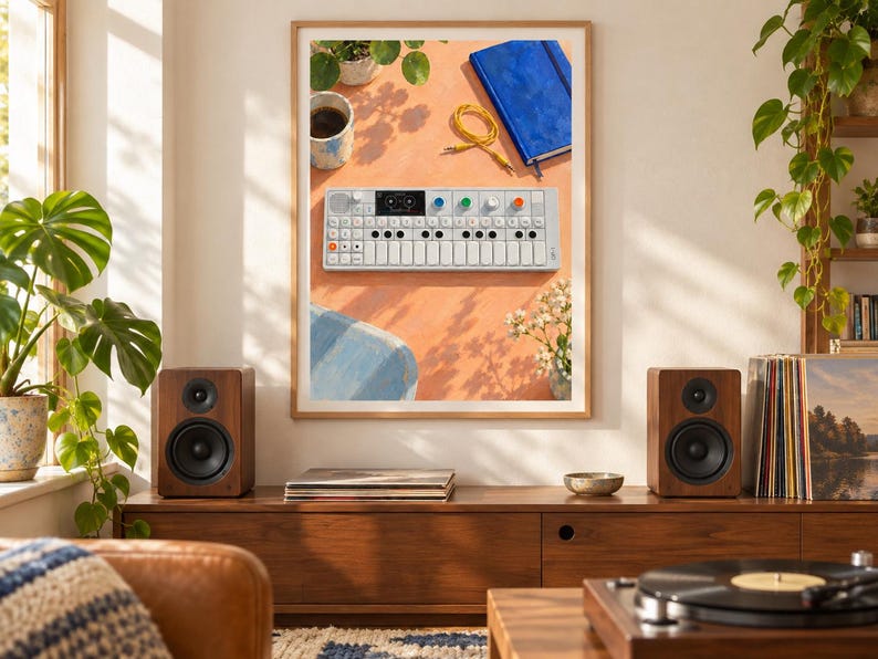 Pu&ograve; includere: Una stampa artistica incorniciata che mostra una vista dall'alto di un sintetizzatore bianco Teenage Engineering OP-1, un taccuino blu, un cavo audio giallo, una tazza di caff&egrave; e piccoli fiori bianchi su una superficie arancione, appesa tra due casse.
