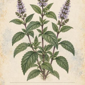 Op de afbeelding: Een botanische illustratie van een pepermuntplant met gekartelde groene bladeren en paarse bloemaren. De tekst luidt HERBARIO PLANTAS MEDICINALES 03 / 40, MENTA Mentha x piperita, en Planta de hojas dentadas y aroma fresco, con peque&ntilde;as flores agrupadas en espigas lilas.