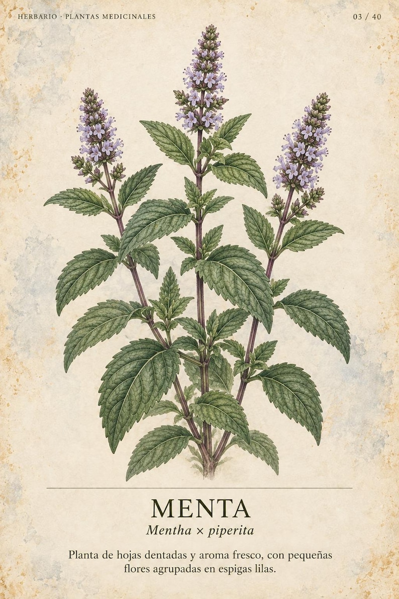 Op de afbeelding: Een botanische illustratie van een pepermuntplant met gekartelde groene bladeren en paarse bloemaren. De tekst luidt HERBARIO PLANTAS MEDICINALES 03 / 40, MENTA Mentha x piperita, en Planta de hojas dentadas y aroma fresco, con peque&ntilde;as flores agrupadas en espigas lilas.