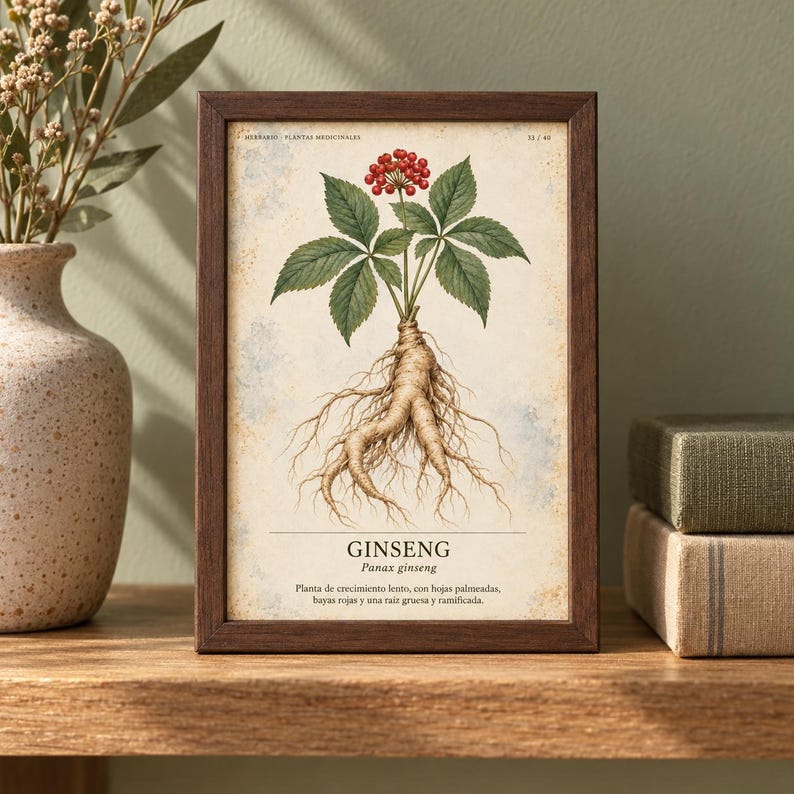 Może przedstawiać: Oprawiona rycina botaniczna przedstawiająca szczeg&oacute;łową ilustrację rośliny żeń-szenia z zielonymi liśćmi, czerwonymi jagodami i grubym korzeniem. Tekst zawiera napis GINSENG, Panax ginseng oraz opis w języku hiszpańskim na kremowym tle.