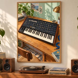 May include: A Korg Mono/Poly analog synthesizer featuring a black control panel with numerous knobs, switches, and a white and black keyboard, framed in wood, displayed as a print on a wall above a wooden surface with speakers and a turntable.