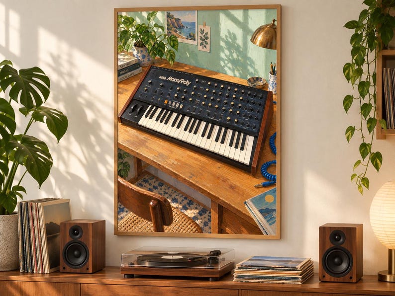 May include: A Korg Mono/Poly analog synthesizer featuring a black control panel with numerous knobs, switches, and a white and black keyboard, framed in wood, displayed as a print on a wall above a wooden surface with speakers and a turntable.