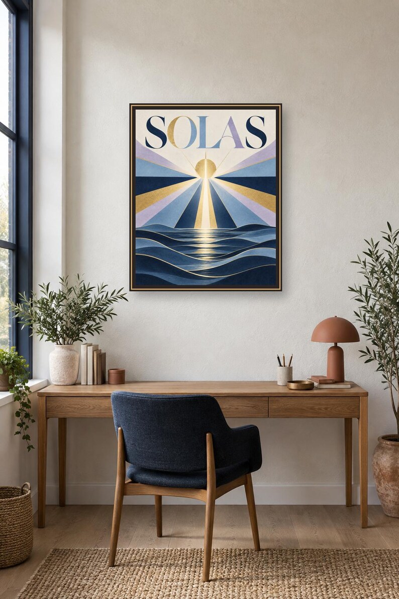 May include: A framed rectangular wall art print featuring the word SOLAS in bold lettering at the top. The artwork depicts a stylized sun rising over dark blue ocean waves with radiating beams of light in shades of gold, blue, and lavender.