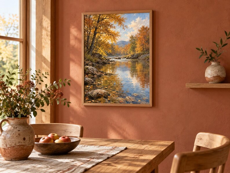 K&ouml;nnte beinhalten: Ein gerahmter Wandkunstdruck, der eine Landschaft mit einem flie&szlig;enden Fluss, felsigen Ufern und B&auml;umen mit leuchtend gelbem und orangefarbenem Herbstlaub unter einem hellen Himmel mit Bergen im Hintergrund zeigt.
