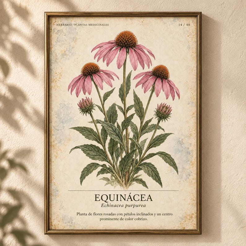 May include: A framed botanical print featuring a detailed illustration of an Echinacea purpurea plant with pink petals and copper-coloured centres. The text reads HERBARIO PLANTAS MEDICINALES 14/40, EQUIN&Aacute;CEA, Echinacea purpurea, and a description.