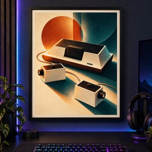 May include: A framed art print featuring a vintage-style video game console with a beige and black chassis, accompanied by two rectangular controllers with single knobs, set against a background of overlapping orange and teal circular shapes.