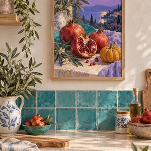 Op de afbeelding: Een ingelijst olieverfschilderij met een mediterrane sc&egrave;ne met granaatappels en een pompoen op een stenen richel. Het kunstwerk toont een opengesneden granaatappel, een hele pompoen en een vaas met olijftakken tegen een maanverlicht kustlandschap.