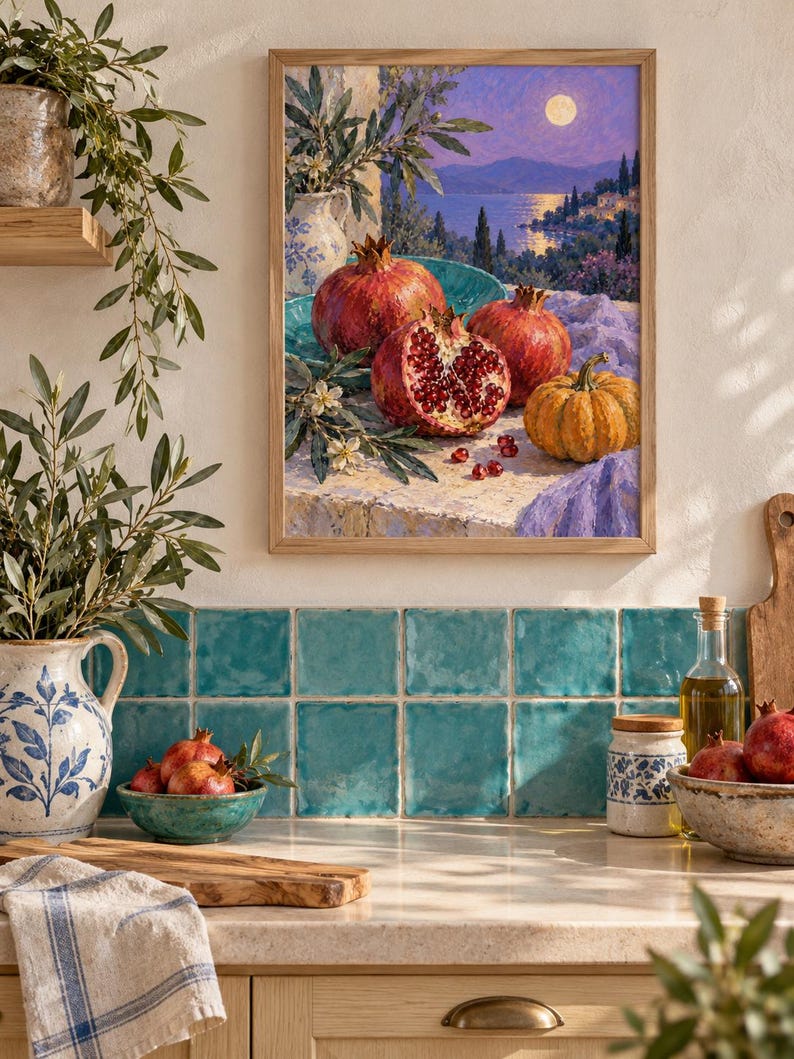 Op de afbeelding: Een ingelijst olieverfschilderij met een mediterrane sc&egrave;ne met granaatappels en een pompoen op een stenen richel. Het kunstwerk toont een opengesneden granaatappel, een hele pompoen en een vaas met olijftakken tegen een maanverlicht kustlandschap.