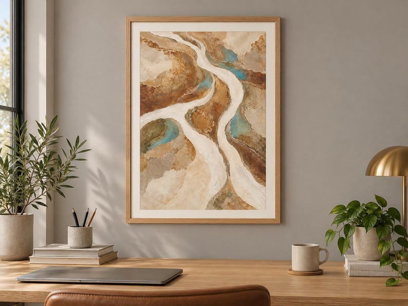 Pu&ograve; includere: Una stampa artistica da parete incorniciata raffigurante un dipinto di paesaggio aereo astratto con sentieri bianchi fluidi simili a fiumi, toni della terra marroni e marrone chiaro strutturati e piccole macchie di acqua blu verde.