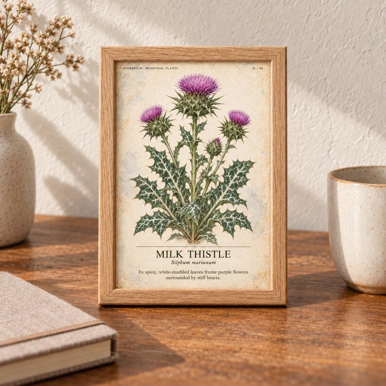 May include: A framed botanical print of a milk thistle plant with purple flowers and spiny, white-marbled green leaves. The text reads "HERBARIUM MEDICINAL PLANTS", "MILK THISTLE", "Silybum marianum", and a description of the plant's physical features.