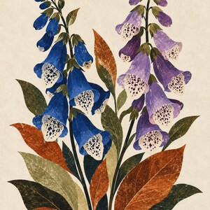 以下が含まれることがあります： 2本の背の高いジギタリスの花茎を描いた植物画。一方の茎には鮮やかな青い鐘形の小花が咲き、もう一方には紫色の花が咲いている。どちらも内側は白く、濃い紫色の斑点があり、緑色と錆色の葉に囲まれている。