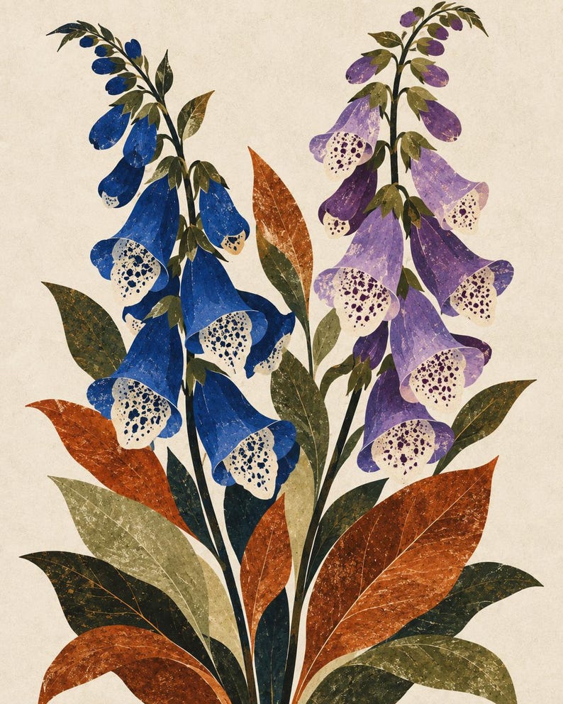 以下が含まれることがあります： 2本の背の高いジギタリスの花茎を描いた植物画。一方の茎には鮮やかな青い鐘形の小花が咲き、もう一方には紫色の花が咲いている。どちらも内側は白く、濃い紫色の斑点があり、緑色と錆色の葉に囲まれている。