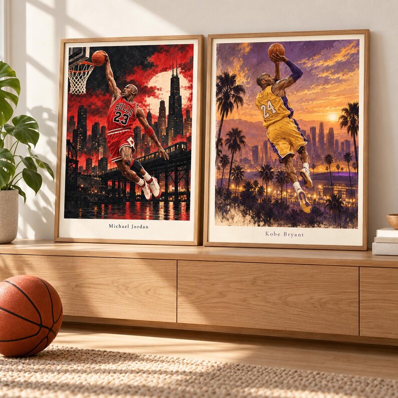 May include: Two framed art prints featuring basketball players in action. The left print shows Michael Jordan in a red jersey dunking against a Chicago skyline. The right print shows Kobe Bryant in a yellow jersey shooting against a Los Angeles sunset.
