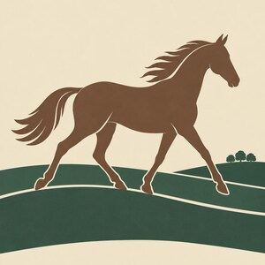 May include: A graphic print featuring a brown horse in profile, trotting across a dark green landscape with small trees in the distance. The word KILDARE is printed in brown capital letters at the bottom against a light cream-colored background.