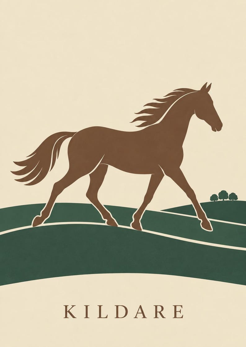 May include: A graphic print featuring a brown horse in profile, trotting across a dark green landscape with small trees in the distance. The word KILDARE is printed in brown capital letters at the bottom against a light cream-colored background.