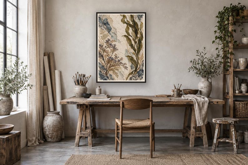 May include: A rectangular framed wall art piece featuring a botanical illustration with tall green seaweed, delicate purple floral sprigs, and textured blue and beige abstract shapes on a light cream background, displayed in a black frame.