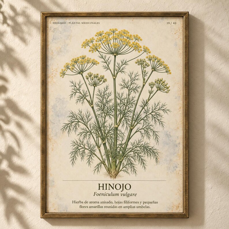 Puede incluir: Una l&aacute;mina bot&aacute;nica enmarcada con una ilustraci&oacute;n detallada de una planta de hinojo con flores amarillas y hojas verdes plumosas. El texto dice HERBARIO PLANTAS MEDICINALES 19/40, HINOJO, Foeniculum vulgare y una descripci&oacute;n en espa&ntilde;ol.
