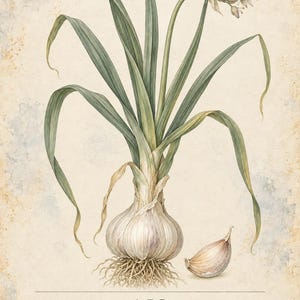 May include: A botanical illustration of a garlic plant with long green leaves, a white bulb with roots, and a cluster of small white flowers. The text reads HERBARIO PLANTAS MEDICINALES 37/40, AJO, Allium sativum, and a description of the plant.