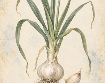 Garlic Botanical Print, Ajo Herbarium Art, English & Spanish Plant Poster, Digital Download