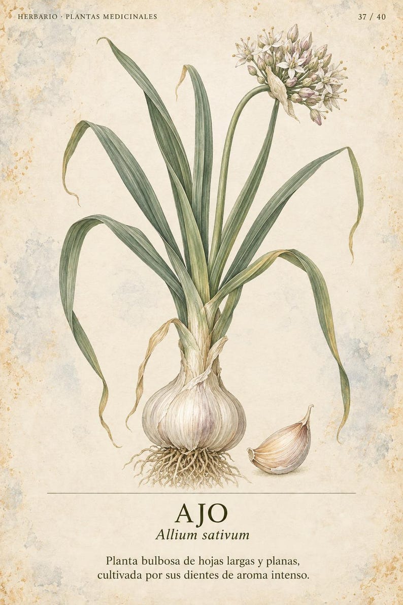 May include: A botanical illustration of a garlic plant with long green leaves, a white bulb with roots, and a cluster of small white flowers. The text reads HERBARIO PLANTAS MEDICINALES 37/40, AJO, Allium sativum, and a description of the plant.