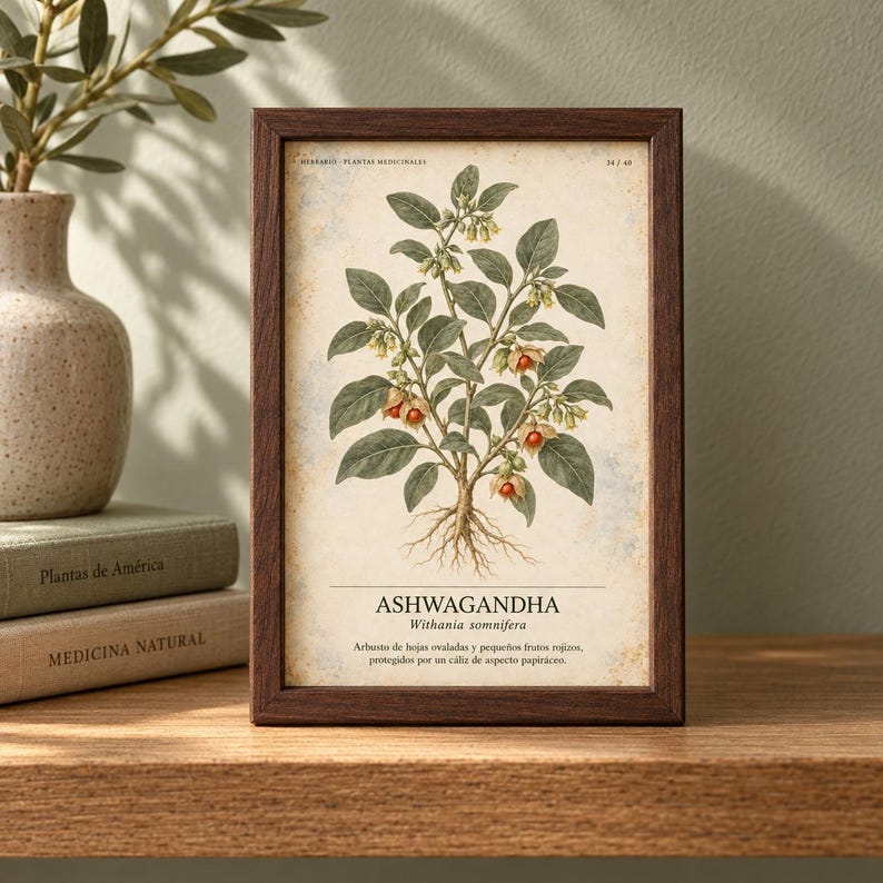 May include: A rectangular dark brown wooden frame containing a botanical print of an Ashwagandha plant with green leaves, small yellow flowers, and orange berries. The text reads ASHWAGANDHA, Withania somnifera, and a Spanish description below.