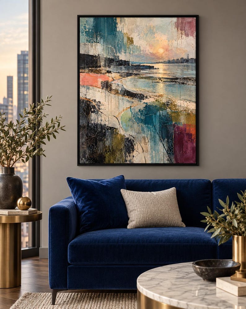 Peut inclure: Une &oelig;uvre d'art murale rectangulaire encadr&eacute;e repr&eacute;sentant un paysage c&ocirc;tier abstrait avec un coucher de soleil. L'&oelig;uvre pr&eacute;sente une palette de bleus profonds, de sarcelle, de roses doux et de tons charbon avec des coups de pinceau visibles.