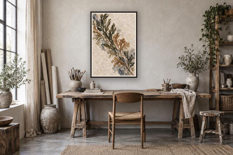 Peut inclure: Une impression d'art mural verticale encadr&eacute;e pr&eacute;sentant une composition diagonale d'&eacute;l&eacute;ments botaniques d'algues dans des tons vert fonc&eacute;, orange rouille et bleu sourd sur un fond beige clair textur&eacute; avec un motif hachur&eacute; subtil.