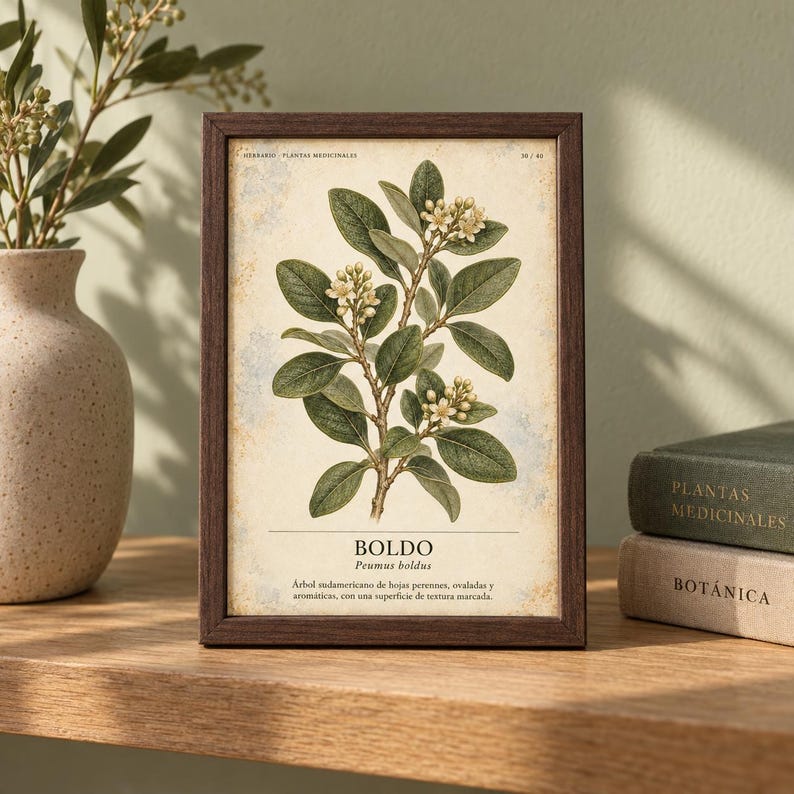 Op de afbeelding: Een ingelijste botanische print van een Boldo-plant met groene bladeren en kleine witte bloemen op een cr&egrave;mekleurige achtergrond. De tekst luidt "HERBARIO PLANTAS MEDICINALES", "BOLDO", "Peumus boldus" en een beschrijving in het Spaans. De lijst is van donkerbruin hout.