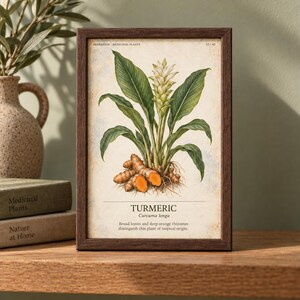 K&ouml;nnte beinhalten: Ein gerahmter botanischer Druck mit einer detaillierten Illustration einer Kurkuma-Pflanze mit gr&uuml;nen Bl&auml;ttern, einer hellen Bl&uuml;te und leuchtend orangefarbenen Rhizomen. Der Text lautet: HERBARIUM MEDICINAL PLANTS, TURMERIC, Curcuma longa und Text.