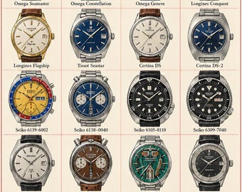 Könnte beinhalten: Ein Raster aus 20 Vintage-Armbanduhren mit dem Titel VINTAGE WATCH HUNT 20 TIMEPIECES WORTH A CLOSER LOOK. Die Sammlung umfasst verschiedene Modelle von Marken wie Omega, Longines, Tissot, Certina, Seiko, Citizen, Bulova, Universal Geneve, Zenith, Eterna-Matic, Hamilton und Tudor mit unterschiedlichen Zifferblattfarben, Gehäuseformen und Armbandstilen.