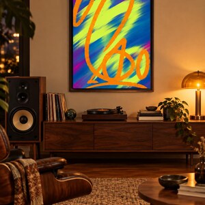 May include: A rectangular framed wall art piece featuring a vibrant abstract composition. The artwork displays bold, sweeping orange calligraphic lines layered over a dynamic background of blended neon yellow, deep blue, and magenta brushstrokes.