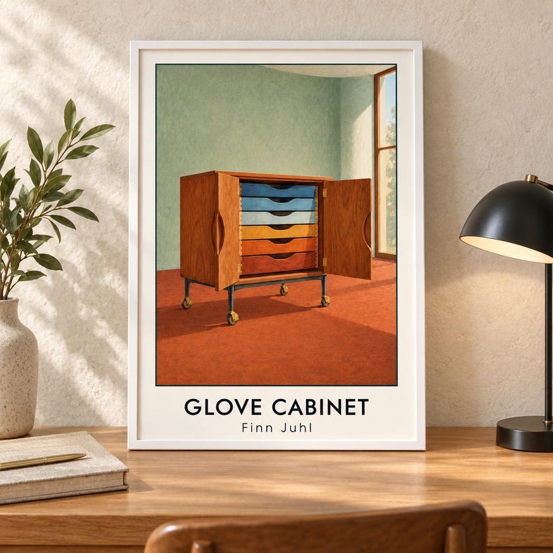 May include: A framed art print titled GLOVE CABINET by Finn Juhl, depicting a wooden cabinet with open doors revealing six colourful drawers in blue, yellow, and orange hues, set on a wheeled metal base against a light green wall and orange floor.