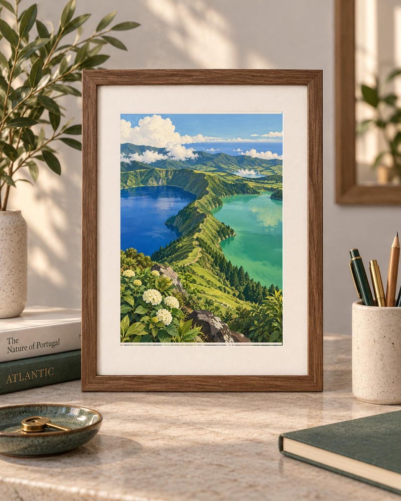 Puede incluir: Una impresi&oacute;n de paisaje enmarcada que muestra una vista elevada de dos lagos de cr&aacute;ter volc&aacute;nico adyacentes, uno azul profundo y otro turquesa, separados por una cresta verde. Flores de hortensia blancas florecen en primer plano.