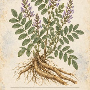 May include: A botanical illustration of a licorice plant, Glycyrrhiza glabra, featuring green compound leaves, purple flower spikes, and exposed brown roots. The text reads HERBARIO PLANTAS MEDICINALES 23/40, REGALIZ, Glycyrrhiza glabra, and a description.