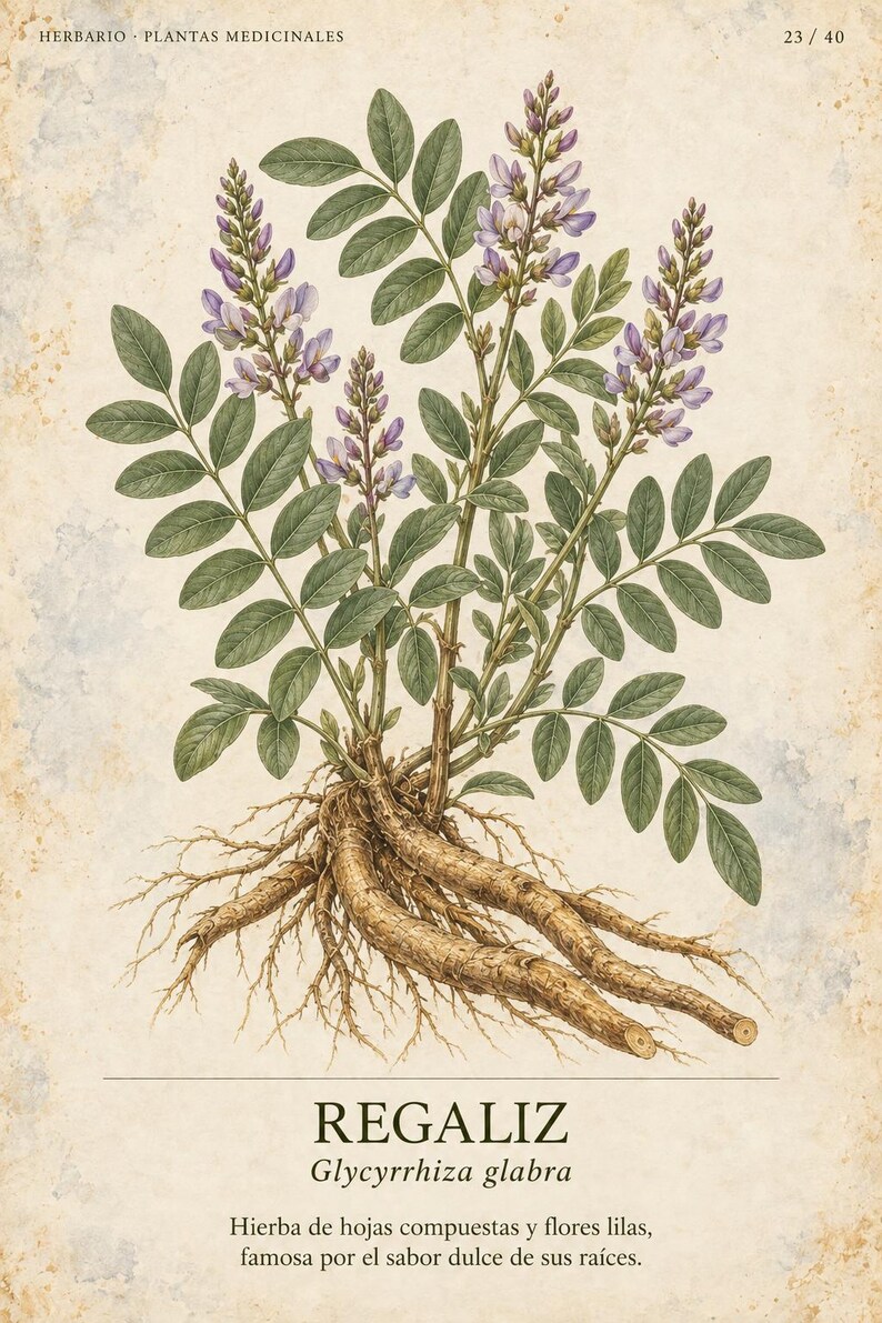 May include: A botanical illustration of a licorice plant, Glycyrrhiza glabra, featuring green compound leaves, purple flower spikes, and exposed brown roots. The text reads HERBARIO PLANTAS MEDICINALES 23/40, REGALIZ, Glycyrrhiza glabra, and a description.