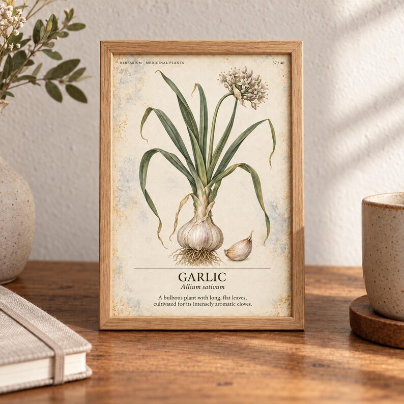 May include: A framed botanical print featuring a detailed illustration of a garlic plant with long green leaves, a white flower cluster, and a bulb. The text reads: HERBARIUM MEDICINAL PLANTS, 37/40, GARLIC, Allium sativum, and a short description.