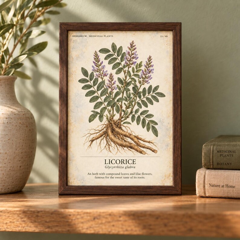 May include: A framed botanical print of a licorice plant with green leaves, lilac flowers, and exposed roots. The text reads: HERBARIUM MEDICINAL PLANTS, 23/40, LICORICE, Glycyrrhiza glabra, An herb with compound leaves and lilac flowers, famous for the sweet taste of its roots.