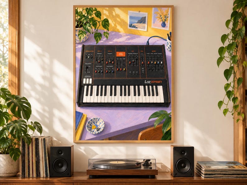 May include: A framed wall art print featuring a black ARP Odyssey analog synthesizer with orange text and knobs, set on a light purple desk. The synthesizer has a white and black keyboard, multiple sliders, and switches, displayed in a room setting.