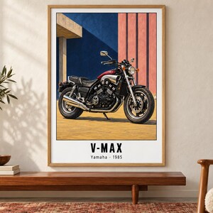 May include: A framed wall art print featuring a 1985 Yamaha V-Max motorcycle in red and black. The motorcycle is parked on a yellow surface against a blue and pink geometric background. The text V-MAX and Yamaha 1985 is printed below the image.
