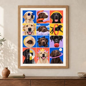 May include: A framed wall art print featuring a grid of twelve colourful panels displaying Labrador Retrievers in various poses. The dogs are shown in yellow, chocolate, and black, interacting with objects like sunglasses, a ball, and a hoop.