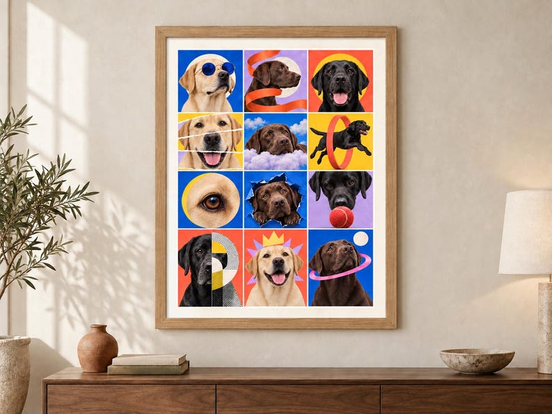 May include: A framed wall art print featuring a grid of twelve colourful panels displaying Labrador Retrievers in various poses. The dogs are shown in yellow, chocolate, and black, interacting with objects like sunglasses, a ball, and a hoop.