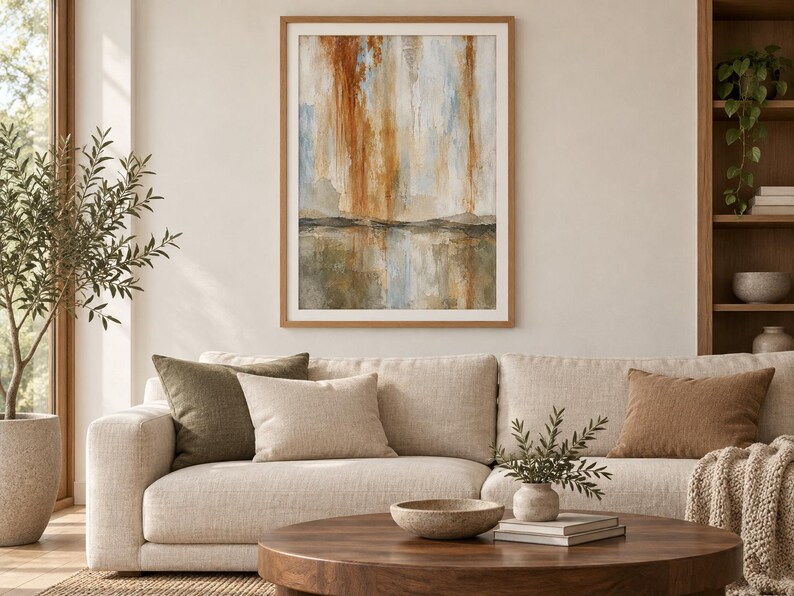 Pu&ograve; includere: Un'opera d'arte da parete rettangolare incorniciata raffigurante un dipinto paesaggistico astratto con strisce verticali nei toni dell'arancione bruciato, blu tenue e grigio spento, che mostra una linea dell'orizzonte su una superficie riflettente.