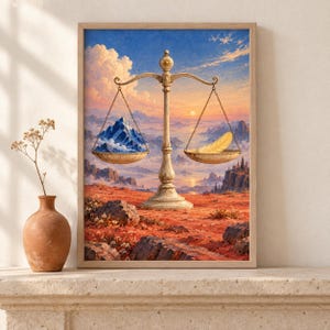Puede incluir: Una impresi&oacute;n art&iacute;stica enmarcada que muestra una balanza ornamentada central con un pico de monta&ntilde;a nevado en el plato izquierdo y una pluma dorada en el derecho, sobre un paisaje de terreno rocoso rojo y un cielo al atardecer.