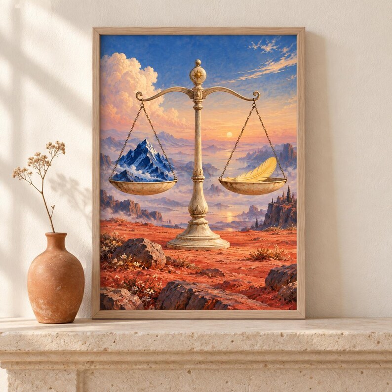 Puede incluir: Una impresi&oacute;n art&iacute;stica enmarcada que muestra una balanza ornamentada central con un pico de monta&ntilde;a nevado en el plato izquierdo y una pluma dorada en el derecho, sobre un paisaje de terreno rocoso rojo y un cielo al atardecer.