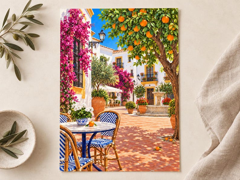 Puede incluir: Un estampado vibrante que muestra un patio mediterr&aacute;neo soleado con suelo de terracota, una fuente de piedra y un naranjo cargado de frutos. Buganvillas de color rosa intenso trepan por paredes blancas junto a sillas de bistr&oacute; azules y blancas.