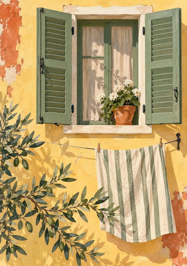 May include: A yellow wall features a window with open sage green shutters and a terracotta pot containing white flowers. A striped green and white cloth hangs on a line below the window, next to an olive tree branch with green olives.
